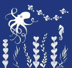 Underwater seascape blue and white. Seabed, underwater algae, fish, seahorse, octopus. Vector background.