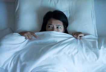 Nightmare or bad dream,Asian woman scare and panic while lying down under the blanket