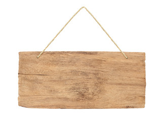 empty wooden sign with lope for hang on white background