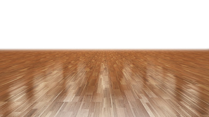 Dark wood floor with multiple light reflection fading into white background 3d rendering