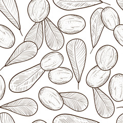 Shea. Branch, leaves, fruit. Wallpaper, seamless, texture.  Sketch. 