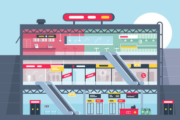 Flat shopping center section with clothing shop, fast food and products.