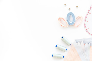 Hobby sewing with thread, fabric. Lifestyle. White background top view mock up