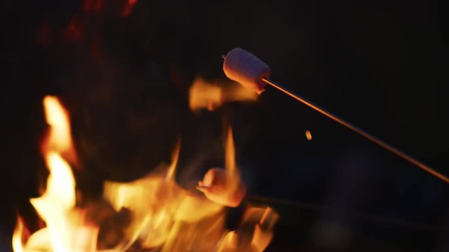 Toasting marshmallows over a campfire, at night