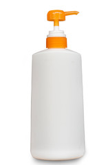 plastic shower cream bottle on white blackground floor with clipping path