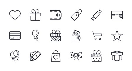 Set of gifts, vector line icons. Contains symbols gift cards, ribbons and more. Editable Stroke. 32x32 pixel.