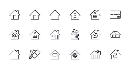 Set of house vector line icons. Contains symbols of the conclusion of the contract, heart, a drop of water, fire, money and many other things. Editable move. 32x32 pixels.