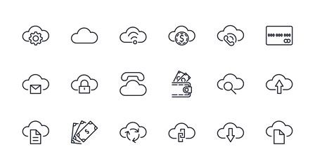 Set of cloud vector line icon. It contains symbols to upload, download, link and more. Editable Stroke. 32x32 pixels.
