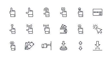 Click Set of Buttons related Vector Icons. Contains such Icons as Cursor, Mouse, Hand, Index Finger, Arrow and more. Editable Stroke. 32x32 Pixel Perfect