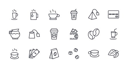 Set of Coffee and Tea Vector Line Icons. Contains such Icons as Cup of Tea,  Teabags, Coffee beans and Green Tea Leaves, a pitcher of Water, Sugar Cubes and more. Editable Stroke. 32x32 Pixel Perfect