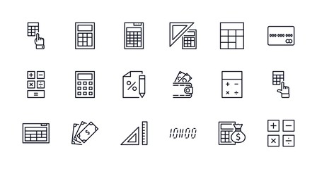 Set of Calculation Vector Line Icons. Contains such Icons as Calculator Icon, Pencil, Click, Money Bag, Percent symbol, Square and Ruler. Editable Stroke. 32x32 Pixel Perfect.