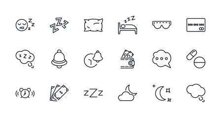 Sleep Vector Line Icons Set. Contains such Icons as Alarm Clock, Bed, Insomnia, Pillow, Sleeping Pills, Bell, Glasses for sleep, Bubble and more. Editable Stroke. 32x32 Pixel Perfect