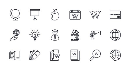 Wikipedia's birthday Set Line Vector Icon. Contains such Icons as Wikipedia, Open Book, Teacher, Blackboard, Pointer, Web Globe, Directory, Search, Lamp, Calendar. Editable Stroke. 32x32 Pixel Perfect