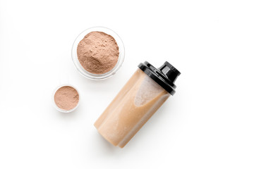 nutrition for workout with protein cocktail on white background top view mockup