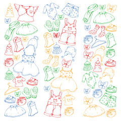 Fototapeta premium Children clothing and fashion. Dress, skirt, shorts. scarf, trousers for boys and girls. Kids fashion. Summer, winter, spring, autumn sale.