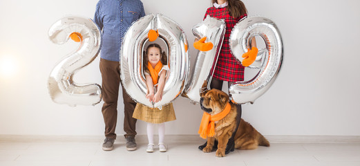 New 2019 Year is coming concept - Close up of family with dog are holding silver colored numbers indoors.