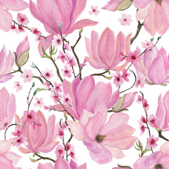 Watercolor painting seamless pattern with magnolia and cherry flowers on white