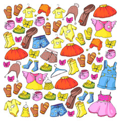 Children clothing and fashion. Dress, skirt, shorts. scarf, trousers for boys and girls. Kids fashion. Summer, winter, spring, autumn sale.