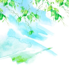 Watercolor blue, green background, blot, blob, splash of blue, green paint on white background. Watercolor blue, green sky, spot, abstraction. Green leaves in the wind. Branch of a tree, a birch.