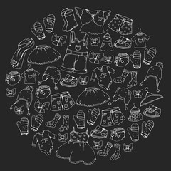 Children clothing and fashion. Dress, skirt, shorts. scarf, trousers for boys and girls. Kids fashion. Summer, winter, spring, autumn sale. Blackboard chalk image.