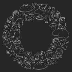 Children clothing and fashion. Dress, skirt, shorts. scarf, trousers for boys and girls. Kids fashion. Summer, winter, spring, autumn sale. Blackboard chalk image.