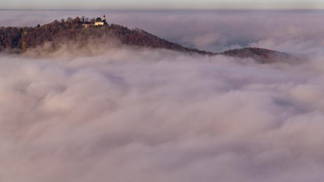 Fog, Teck Castle above the clouds, biosphere area Swabian Alb, Baden-Wurttemberg, Germany, Europe