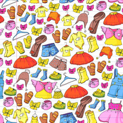 Children clothing and fashion. Dress, skirt, shorts. scarf, trousers for boys and girls. Kids fashion. Summer, winter, spring, autumn sale. Seamless pattern.
