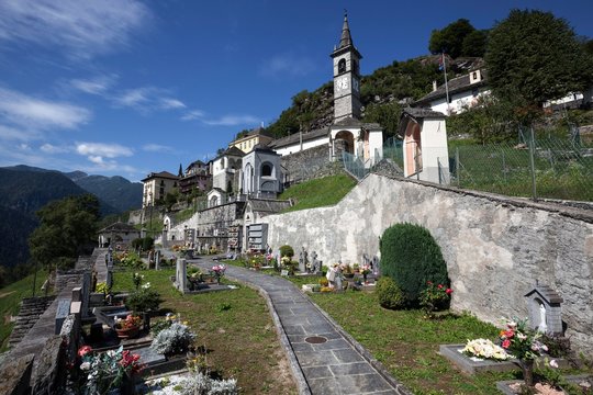 Cemetery, way of sorrows chapels and parish church of San Giovanni Battista, Comologno, Valle Onsernone, Canton Ticino, Switzerland, Europe