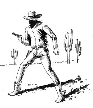 Cowboy with a gun in the desert. Ink black and white drawing