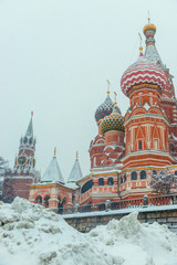 Winter view of the landmark St. Basil's Cathedral on Red Square in Moscow, Russia