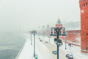 Snow Moscow in winter, view of the Kremlin in a blizzard, Russia