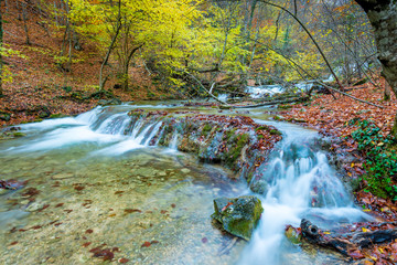Autumn scenic landscape, mountain river in the autumn forest in the mountains