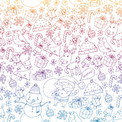 Winter Christmas seamless vector pattern. Icons of Santa, snowman, deer, bell, Christmas tree.