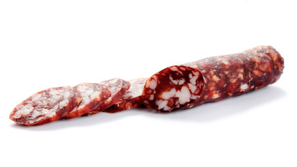 A piece of salami sausage. A cut piece. Isolated on white background. Front view.