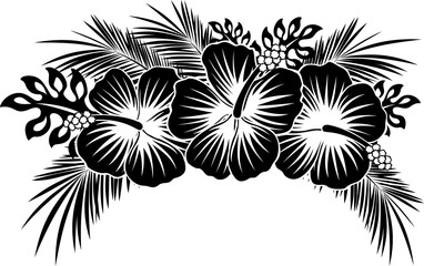 hibiscus flowers with tropical leaves in black and white - obrazy, fototapety, plakaty
