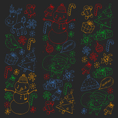Naklejka premium Winter Christmas vector pattern. Icons of Santa, snowman, deer, bell, Christmas tree. Merry Christmas Happy new year