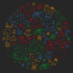 Winter Christmas vector pattern. Icons of Santa, snowman, deer, bell, Christmas tree. Merry Christmas Happy new year