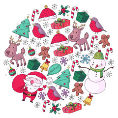 Winter Christmas vector pattern. Icons of Santa, snowman, deer, bell, Christmas tree. Merry Christmas Happy new year