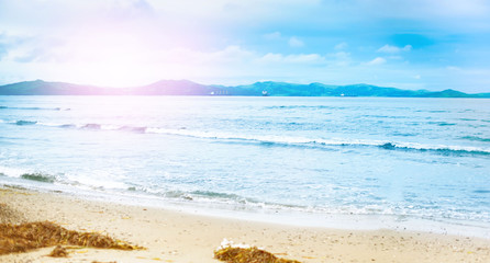 Banner Coastline of the sea the blue sky the sand hills on the horizon Sea of Japan Pacific ocean