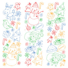 Winter Christmas vector pattern. Icons of Santa, snowman, deer, bell, Christmas tree. Merry Christmas Happy new year