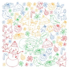 Foto op Aluminium Winter Christmas vector pattern. Icons of Santa, snowman, deer, bell, Christmas tree. Merry Christmas Happy new year © helen_f