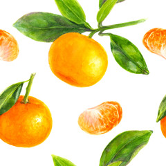 Watercolor hand drawn branch of tangerine with green leaves seamless pattern.
