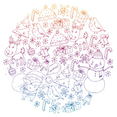 Fototapeta na wymiar Winter Christmas vector pattern. Icons of Santa, snowman, deer, bell, Christmas tree. Merry Christmas Happy new year