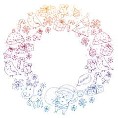 Winter Christmas vector pattern. Icons of Santa, snowman, deer, bell, Christmas tree. Merry Christmas Happy new year