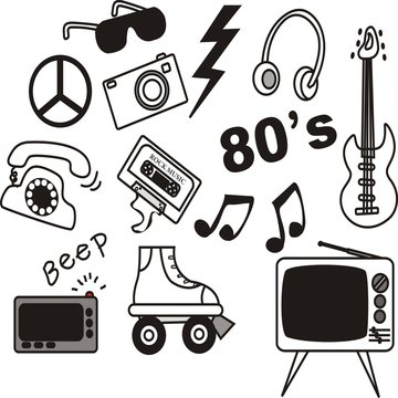 set of rock music elements on 80's hand drawn vector.