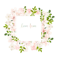 Beautiful watercolor wedding card  with spring and roses flowers. 