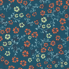 Seamless vector repeating floral pattern. Orange and yellow vintage style flowers on teal blue background. Use for fabric, wallpaper, digital paper, packaging, gift wrap. Liberty style. Ditsy print.