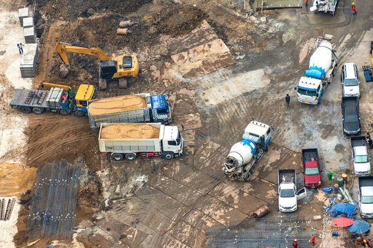 Aerial view of site preparation and construction in progress.