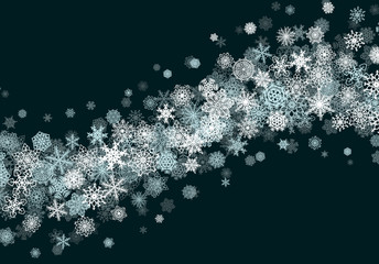 Christmas snow background with scattered snowflakes falling in winter sky for New Year or Xmas celebration