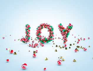 3d rendering. JOY letters with geometric elements. Christmas background.